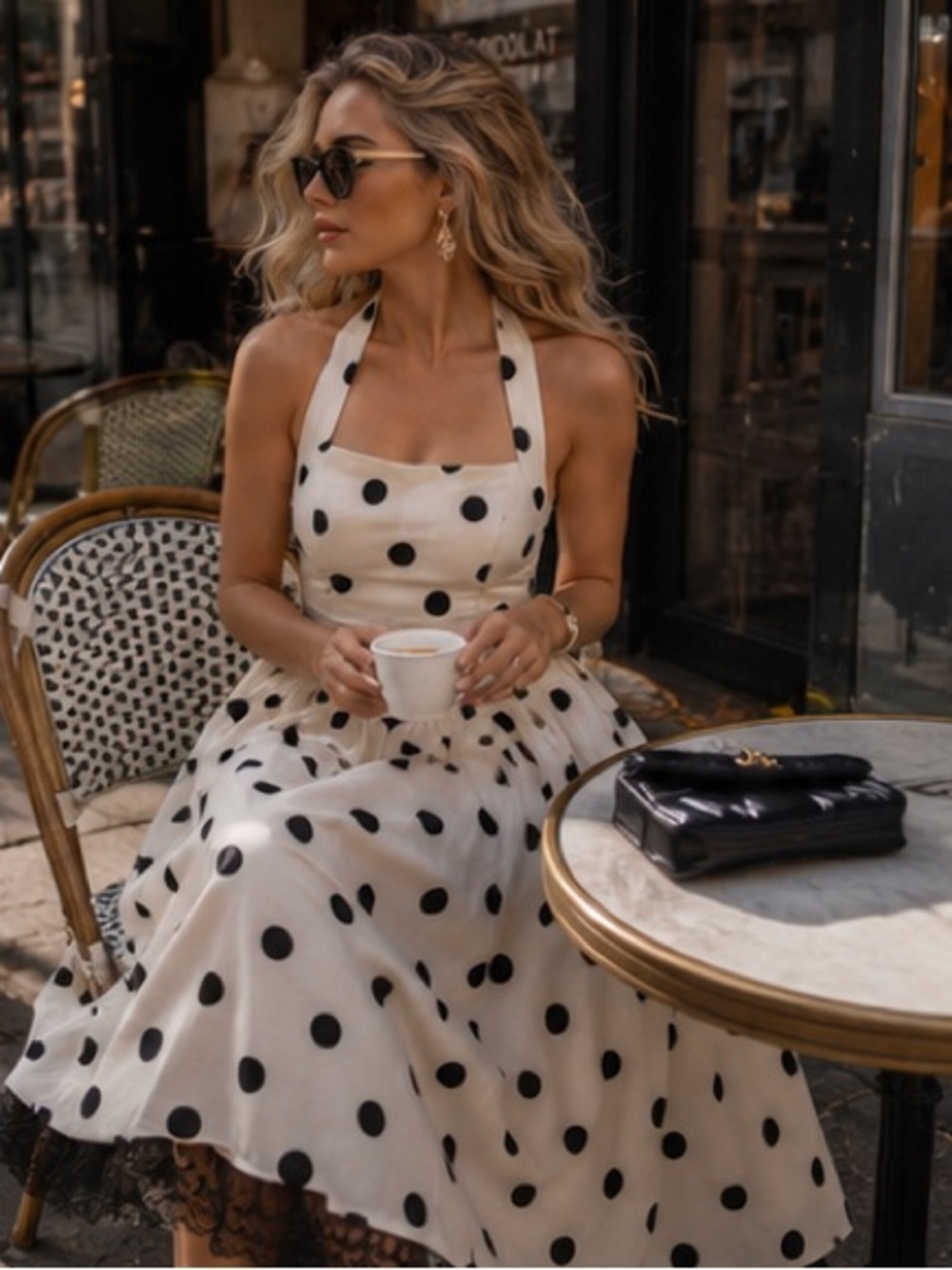 Polka Dot Halter Midi Dress in Cream and Black